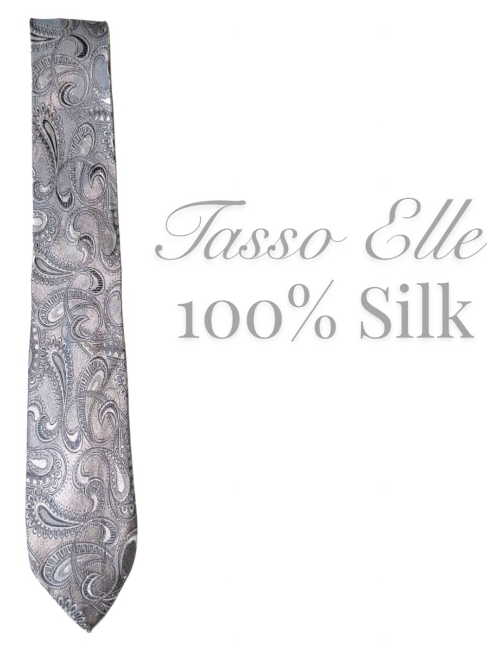 Tasso Elle Silver Paisley 100% Silk Men’s Necktie Handmade Pristine Condition